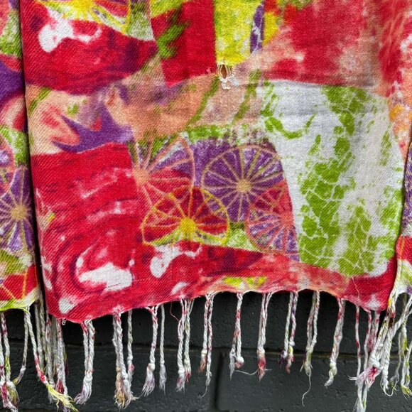 Scarf Multicolor Abstract Art Shawl Wrap 4'' Fringe 60" Green Red Pink Boho - Picture 6 of 8